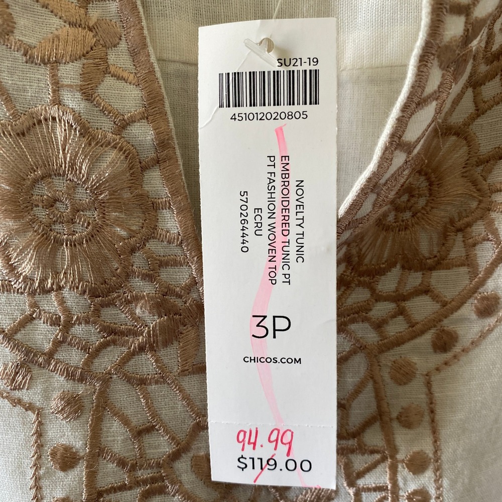 Chico's Women's Long-Sleeved Tunic Size LP Off-White Gold Embroidered V-Neck NWT - Picture 6 of 8